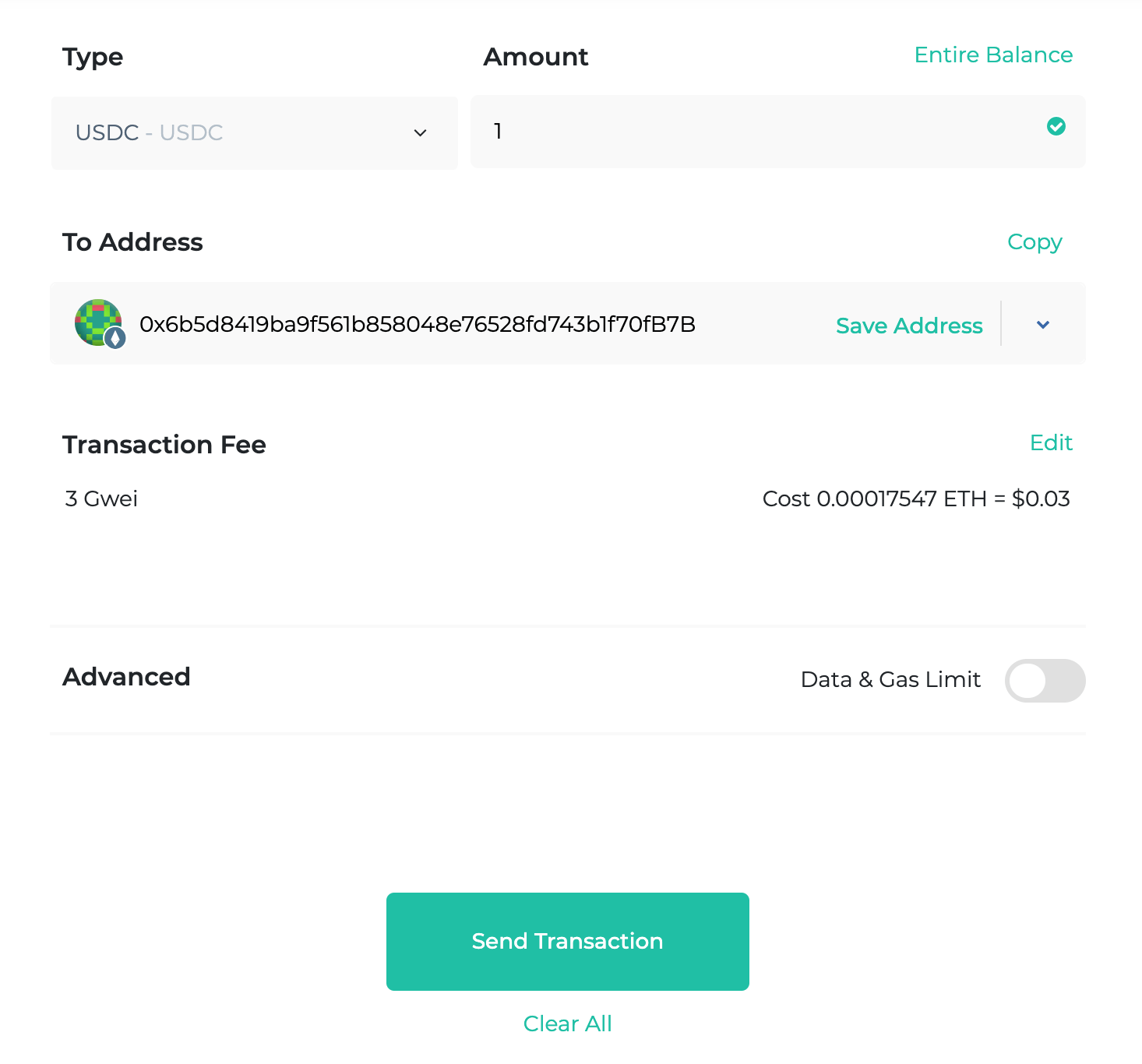 Sending 1 USDC to an address